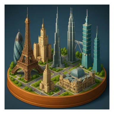 Оставь основу картинки - деревянную подставку, но при этом сгенерируй изометричная, яркая, детализированная и фотореалистичная иллюстрация где будет самые узнаваемые здания мира Эмпайр Стейт Билдинг, Эйфелева башня, здание МГУ, Бурдж-Халифа, Башни Петронас, Небоскрёб Фостера в Лондоне, Рейхстаг, Тайбэй sticker