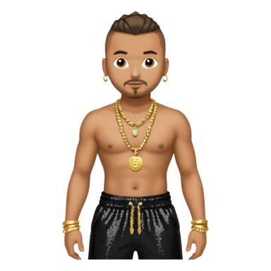 Sean Paul with black sequin baggy pants, shirtless with necklace sticker