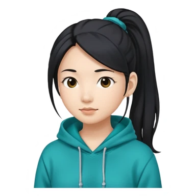 generate an asian female with long black hair in a ponytail and a teal hoodie sticker