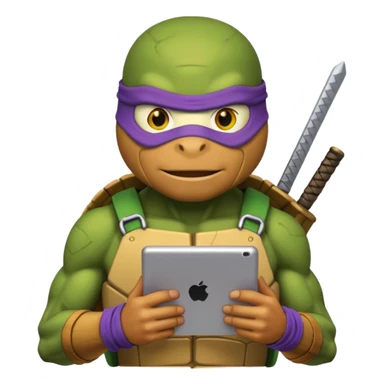 Donatello from Teenage Mutant Ninja Turtles, emoji style, with a tablet showing a hacking screen and a determined look, with a yellow hacking interface on the screen sticker
