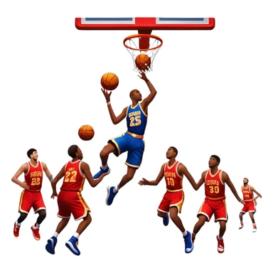 An icon showing a basketball court with players in action, inspired by NBA 2K25. A player jumps for a dunk, the ball mid-air, surrounded by a vibrant basketball arena with cheering fans and bright lights. Transparent background emphasizes the intense atmosphere sticker