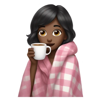 A cute black hair girl wrapped in pastel pink plaid blanket drinking coffee sticker
