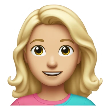blonde girl with shoulder length hair, blue-green eyes, brown eyebrows, freckles and pink t-shirt, she is smiling  sticker