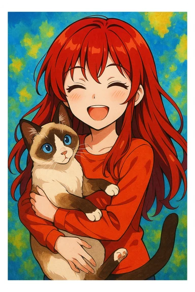 A dark red haired girl smiling with a snowshoe cat in her arms, vibrant colors, anime-inspired style sticker