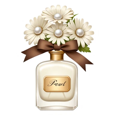 pearl white vintage style perfume bottle and ivory colored daisies and a brown bow sticker