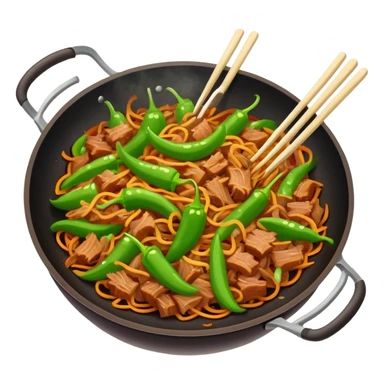 Green Pepper with Shredded Pork in wok, simplified emoji style with bold outlines and bright colors, cartoon style Qing Jiao Rou Si homestyle dish sticker