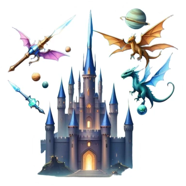 Fantasy and Sci-Fi Movies: A magical collage with a glowing sword, flying dragons, and futuristic spaceships. Stars and planets shimmer in the background, with a mystical castle and an ancient wizard holding a staff. The atmosphere is epic, otherworldly, and adventurous. Transparent background. sticker