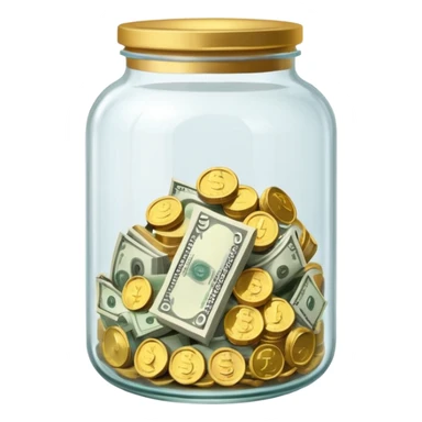 glass tip jar emoji style, simple with cash and coins  sticker