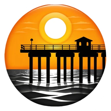 A black and white image of a pier in the ocean as a silhouette with the sun in the background sticker