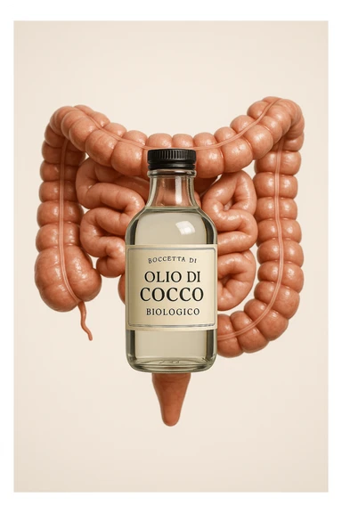 BOCCETTA DI OLIO DI COCCO BIOLOGICO (FAI UN ETICHETTA SUL PRODOTTO IN ITALIANO) CHE FLUTTUA IN ARIA DAVANTI A UN INTESTINO UMANO ANATOMICO IN PERFETTA SALUTE, SFONDO CHIARO, iperrealistico 4k sticker