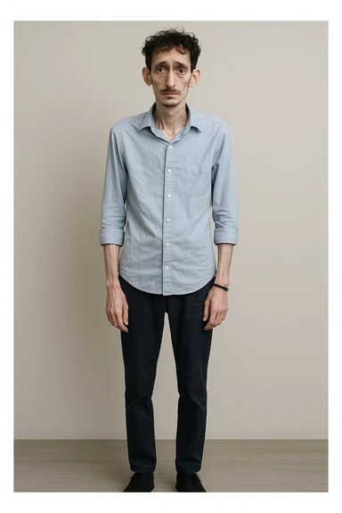 uomo che ha perso massa ed è piatto muscolarmente, lui è in piedi e si vede il fisico debilitato sticker