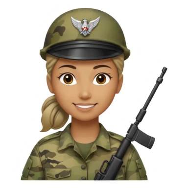Apple emoji look — female soldier, no cap/helmet, bust, neutral smile, generic camo shirt, hair tied back, soft gradients, no weapon sticker
