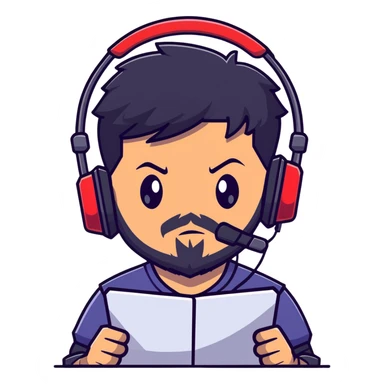 Detailed anime-style character with textured black hair, intense brown eyes, well-groomed black beard, and gaming headset with mic, dramatic anime lighting, detailed face sticker