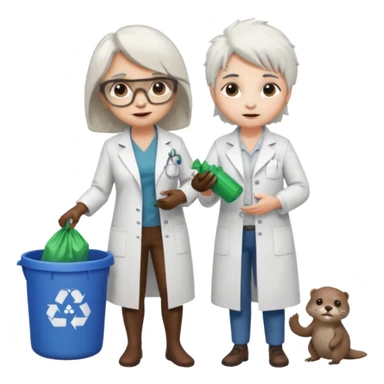 an woman otter picking up trash bins, next to a mad scientist sticker