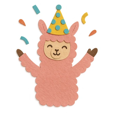 pink alpaca wearing a polka-dot party hat, throwing confetti, paper-craft style sticker