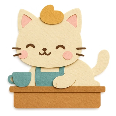 chibi café cat laying on coffee counter, smiling face, soft pastel kawaii style sticker