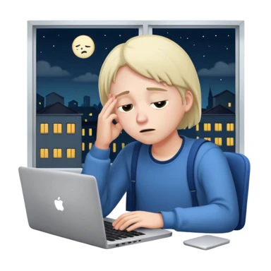 tired student with laptop, window at night behind, head on keyboard sticker