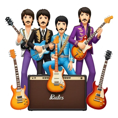 Rock music icon: collage of legendary rock stars—The Beatles, Jimi Hendrix, Elvis Presley, Queen, Nirvana, Led Zeppelin. Electric guitars, amplifiers, and microphones surrounded by vibrant stage lights and musical notes. Transparent background. sticker
