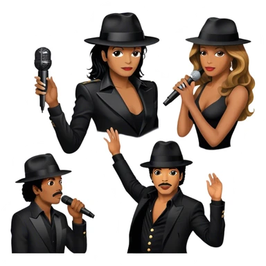 Icon for R&B Music: collage of iconic R&B artists—Michael Jackson, Beyoncé, Lionel Richie, Whitney Houston. Each artist represented by a silhouette or symbolic item (like a glove, microphone, or fedora). Transparent background. sticker