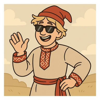 Ivan the Fool wearing sunglasses, cheerful expression, traditional Russian folk costume, simple background, cartoon style sticker