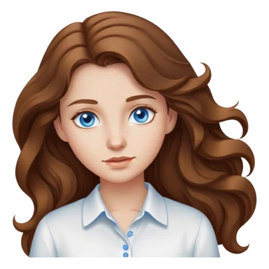 girl with long brown wavy hair and blue eyes wearing a white shirt sticker