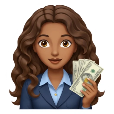 She has long, brown hair styled in soft wavy curls with a middle part. She has well-shaped eyebrows and dark brown eyes. She is wearing light makeup that highlights her natural beauty and is offering a slight smile to the camera. She is surprise when it comes to money sticker