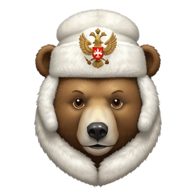 Russian brown bear head only, wearing white furry ushanka hat with realistic double-headed eagle coat of arms in the center, iOS emoji style sticker