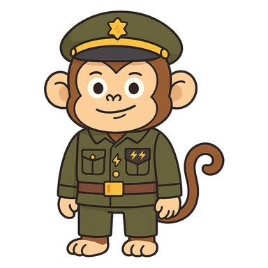 Make the monkey in a military uniform more cartoony style. Add the insignia of the Monkey Army on the uniform, consisting of two lightning bolts. Keep the background transparent. sticker