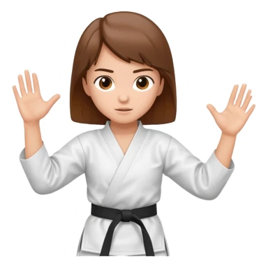 Ragazza castana che pratica karate, ha la cintura nera ed io tradizionale kimono bianco del karate, in posizione di guardia sticker