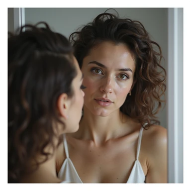 hyperrealistic 4K image of a woman with PCOS looking at herself in the mirror, spreading her hair with fingers to show the underlying scalp, evident thinning areas, detailed sticker
