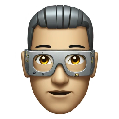 Male cyborg head with metallic skin, flat top, rectangular glasses and circuits sticker