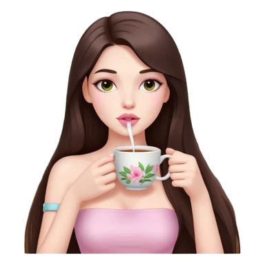 exotic pale girl, very full lips, long straight brunette hair, long lashes, pastel pink tube top, sipping tea  sticker