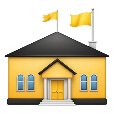 simple school, white background, magic school, black roof, with a big flag, big flag on a roof, big yellow flag, white school sticker