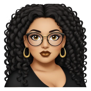 big plus size, latina, darker tan skin, long black curly hair, baddie,pretty, makeup, lipliner, black eyeliner, long hair, small gold earrings, black top, black glasses sticker