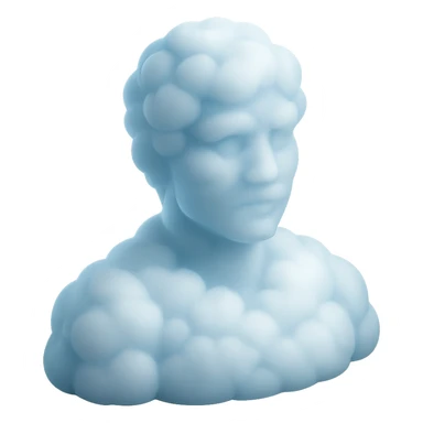 person looking straight, made entirely of white fluffy convex clouds, shoulder up, matte glass style, clouds with a light blue tint, no background sticker