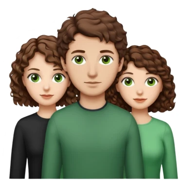 Man in the middle with brown hair and green eyes, women next to him with short brown hair with slight waves, taller women on right side with shoulder length curly hair and brown eyes sticker