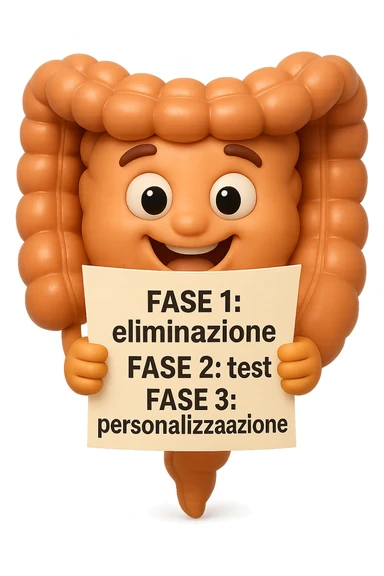 emoji stile iphone 3d di un intestino che tiene in mano un foglio con la scritta "FASE 1: eliminazione, FASE 2: test, FASE 3: personalizzazione, IPERREALISTICO 4K sticker