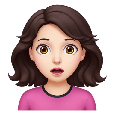 Barbie like emoji of a woman with white skin wavy dark brown hair, brown eyes wearing pink and with a surprised look sticker