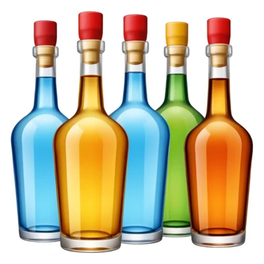 Four bottles of alcohol without labels, each with distinct shapes, arranged neatly in a row. The bottles should vary in color and size, with detailed caps. sticker