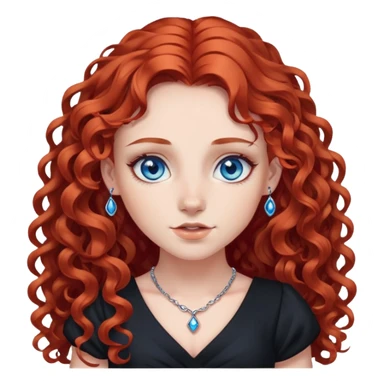 a girl with long curly red hair and blue eyes, in a black dress, with piercings sticker