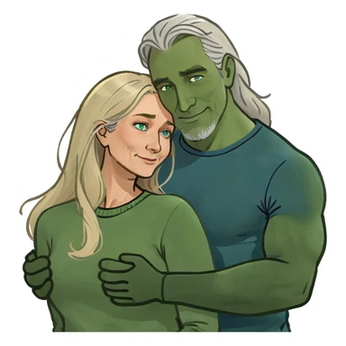 Hug between woman in her 50s with long blonde hair and blue eyes and muscular man in his 50s with blonde and grey hair and no beard or mustache  sticker