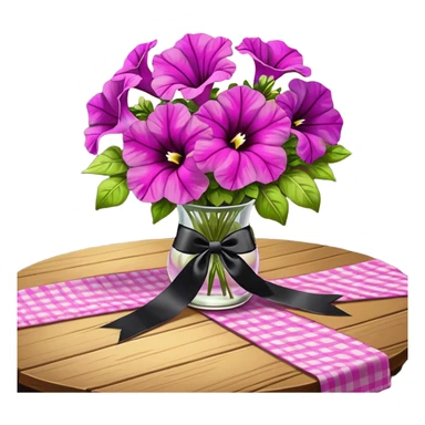 A lush bouquet of bright light margenta color petunia black satin ribbon, resting on an antique wooden table, with a pale yellow and pink plaid pattern table cloth sticker