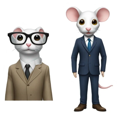 A human in a class suit and shoes with a rat head with glasses sticker