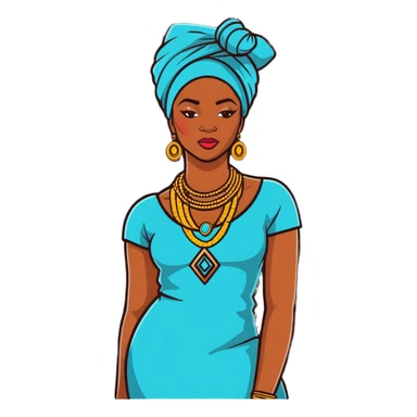 Fashionable African woman with designer clothes, stylish headwrap, statement jewelry and confident pose sticker