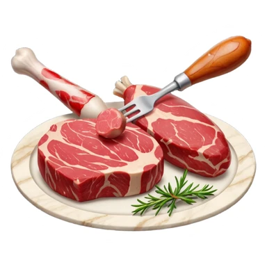 A raw red steak with visible marbling placed next to a small chicken drumstick. sticker