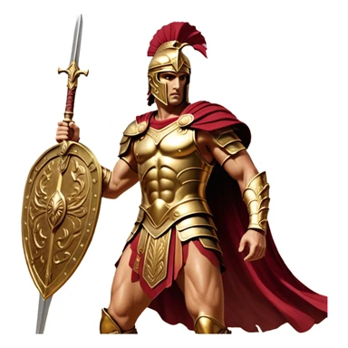 Cinematic-realistic Achilles, the unstoppable Greek warrior, standing fearlessly on the battlefield of Troy. His golden armor gleams under the scorching sun, each intricate engraving telling tales of his past glories. His piercing gaze locks onto his foe, his grip tightening around his ornate bronze sword as his crimson cape billows behind him. The dust swirls at his feet, the echoes of clashing weapons and distant war cries surrounding him, the essence of an immortal legend in motion. sticker