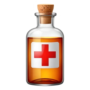 A glass medicine bottle with a cork top and red cross label sticker