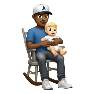 Young white man in unlabeled baseball hat rocking a white infant baby in puffy grey rocker  sticker