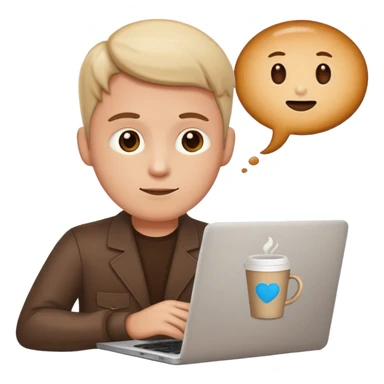 programmer emoji with laptop, with a thought bubble containing a coffee cup sticker