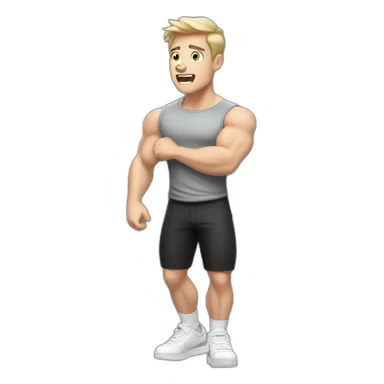 amazed Open with surprise mouth Pale skinned Fit Man With the biceps and dark brown hair in black shirt, gray sports shorts and white Sneakers sticker